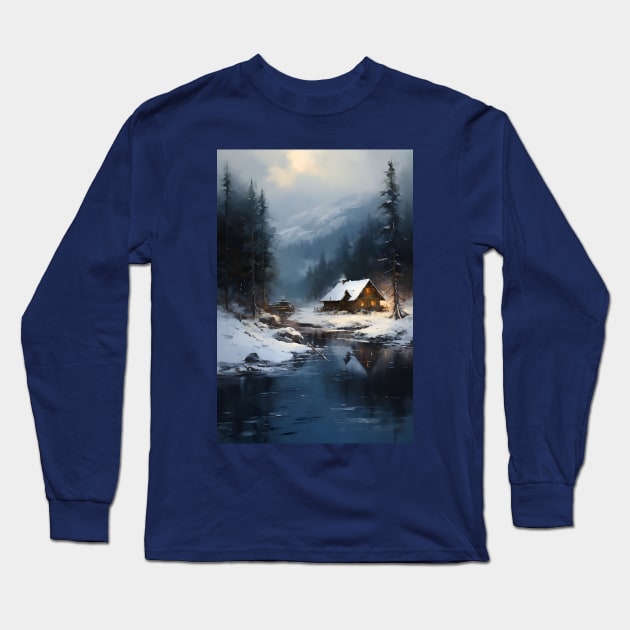 cozy winter nights - cabin by the lake Long Sleeve T-Shirt by UmagineArts